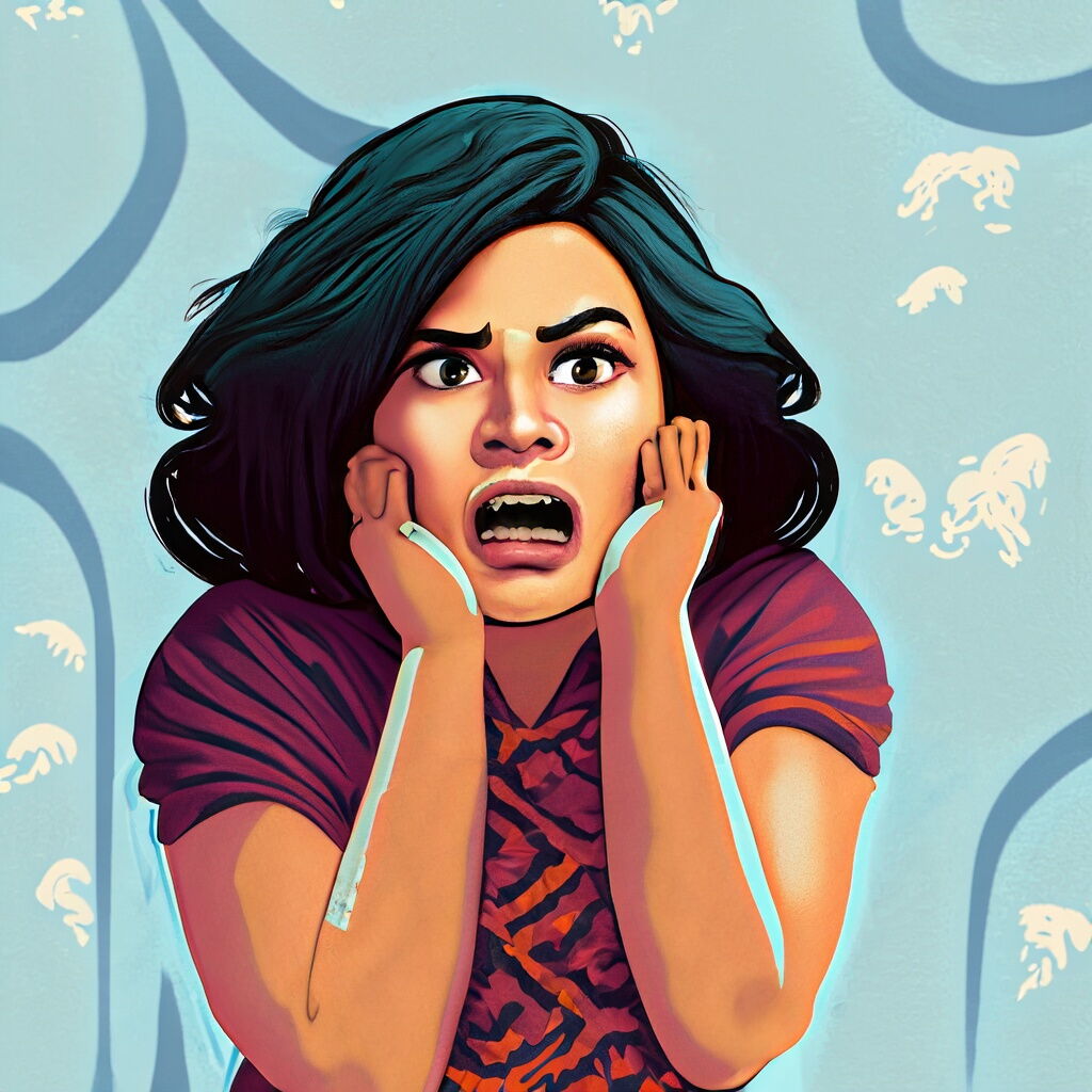 Auf einer Grafik schaut eine Frau ängstlich mit weit aufgerissenen Augen und offenem Mund. Sie hält mit beiden Händen ihren Kopf.