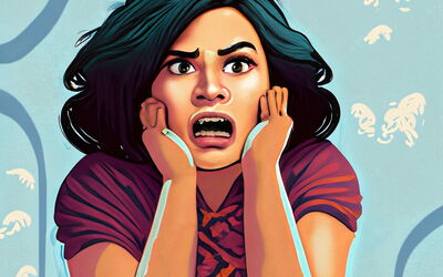 Eine Frau schaut ängstlich, mit weit aufgerissenen Augen und offenem Mund.