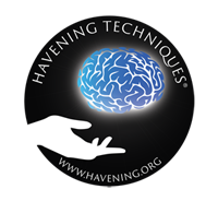 Das Logo von Havening Techniques - www.havening.org - zeigt ein blaues Gehirn vor schwarzem Hintergrund und dazu eine weiße Hand